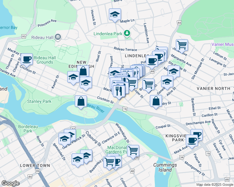 map of restaurants, bars, coffee shops, grocery stores, and more near 411 MacKay Street in Ottawa