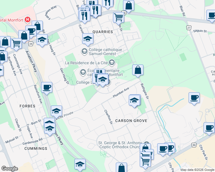 map of restaurants, bars, coffee shops, grocery stores, and more near 801 Aviation Parkway in Ottawa