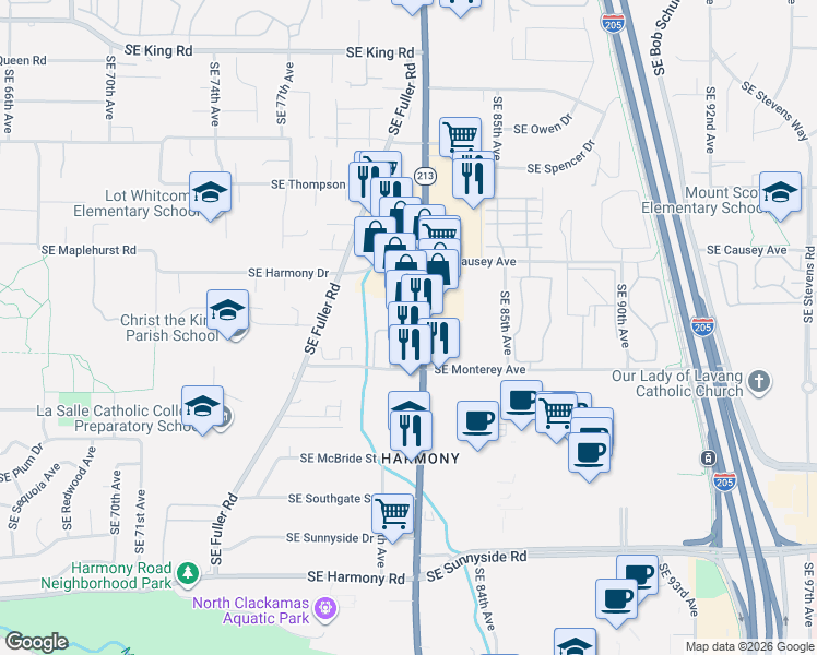 map of restaurants, bars, coffee shops, grocery stores, and more near 11493 Southeast 82nd Avenue in Happy Valley