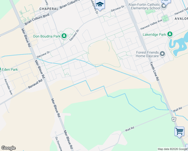 map of restaurants, bars, coffee shops, grocery stores, and more near 355 Sweetclover Way in Ottawa