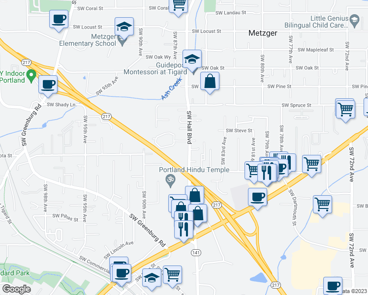 map of restaurants, bars, coffee shops, grocery stores, and more near 11161 Southwest Hall Boulevard in Tigard
