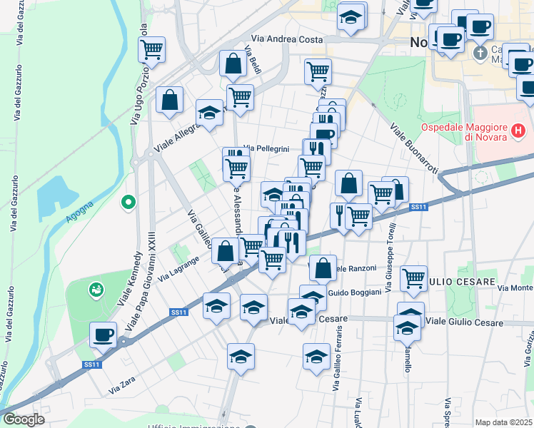 map of restaurants, bars, coffee shops, grocery stores, and more near 19 Via Stefano Melchioni in Novara