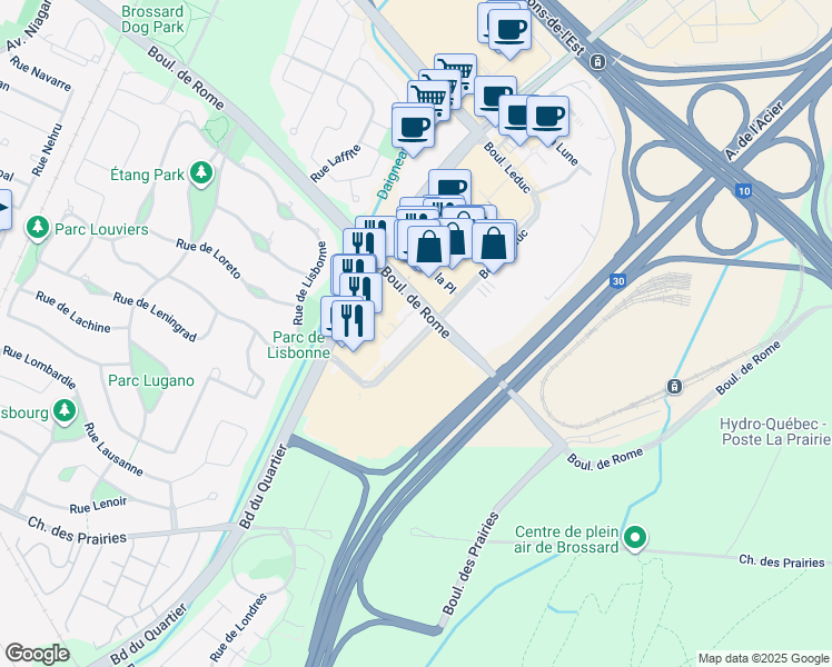 map of restaurants, bars, coffee shops, grocery stores, and more near 9815 Boulevard Leduc in Brossard