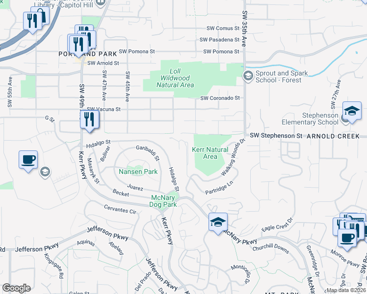 map of restaurants, bars, coffee shops, grocery stores, and more near 18 Grouse Terrace in Lake Oswego