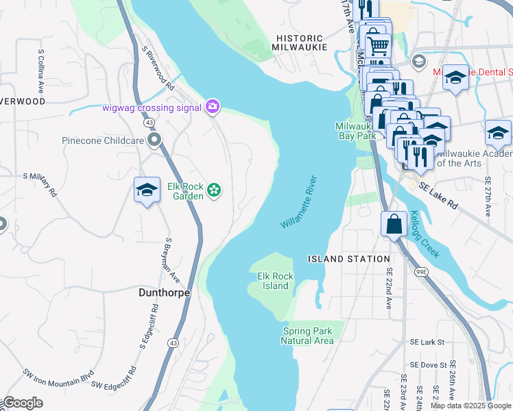 map of restaurants, bars, coffee shops, grocery stores, and more near 11875 South Riverwood Road in Portland