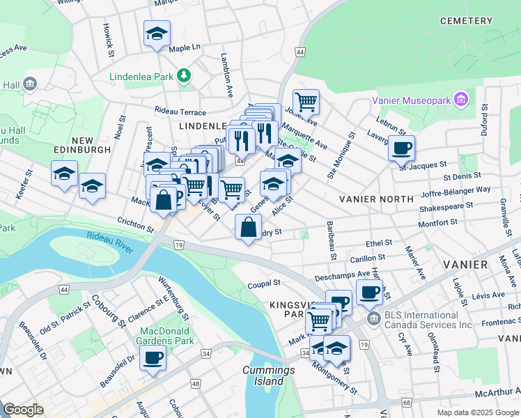 map of restaurants, bars, coffee shops, grocery stores, and more near in Ottawa