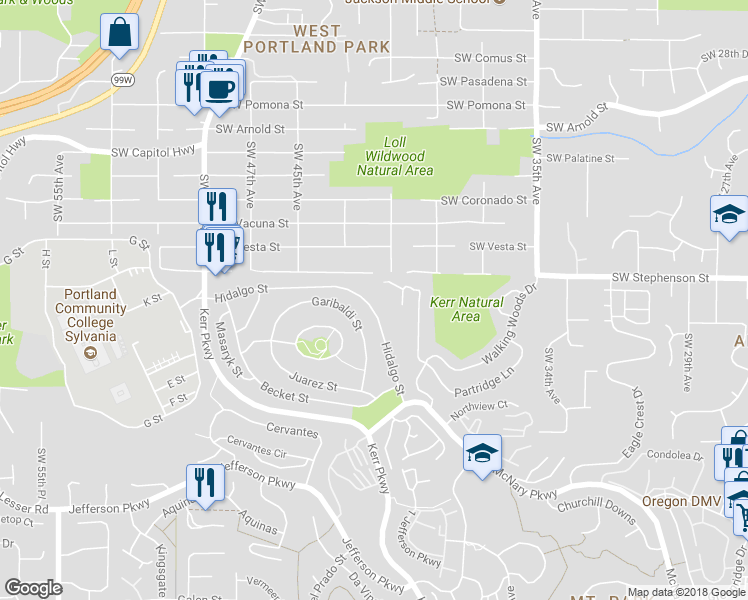 map of restaurants, bars, coffee shops, grocery stores, and more near 57 Hidalgo Street in Lake Oswego