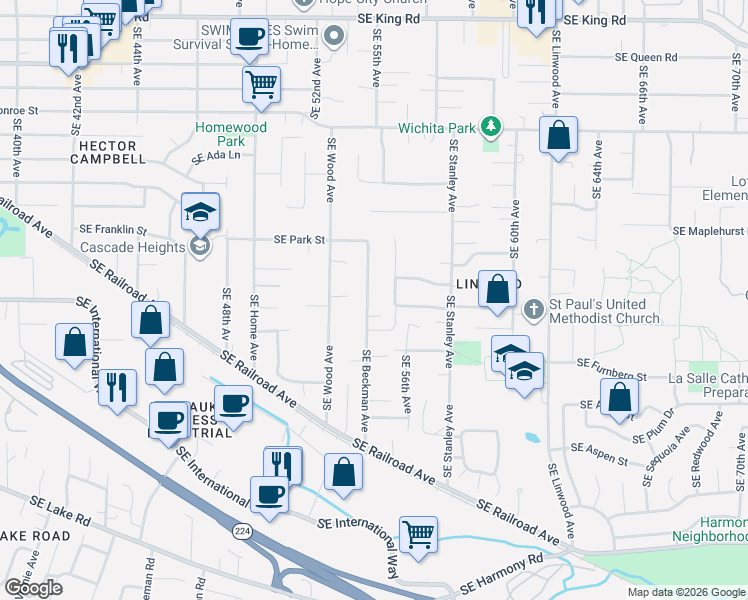 map of restaurants, bars, coffee shops, grocery stores, and more near 11608 Southeast Beckman Avenue in Milwaukie