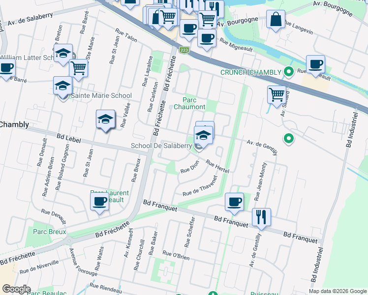 map of restaurants, bars, coffee shops, grocery stores, and more near 1350 Rue Hertel in Chambly