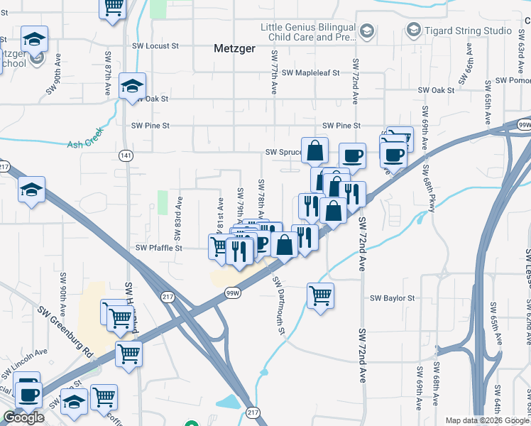 map of restaurants, bars, coffee shops, grocery stores, and more near 11130 Southwest 78th Avenue in Tigard