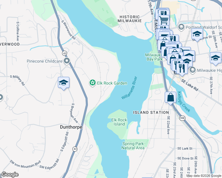 map of restaurants, bars, coffee shops, grocery stores, and more near 11875 South Riverwood Road in Portland