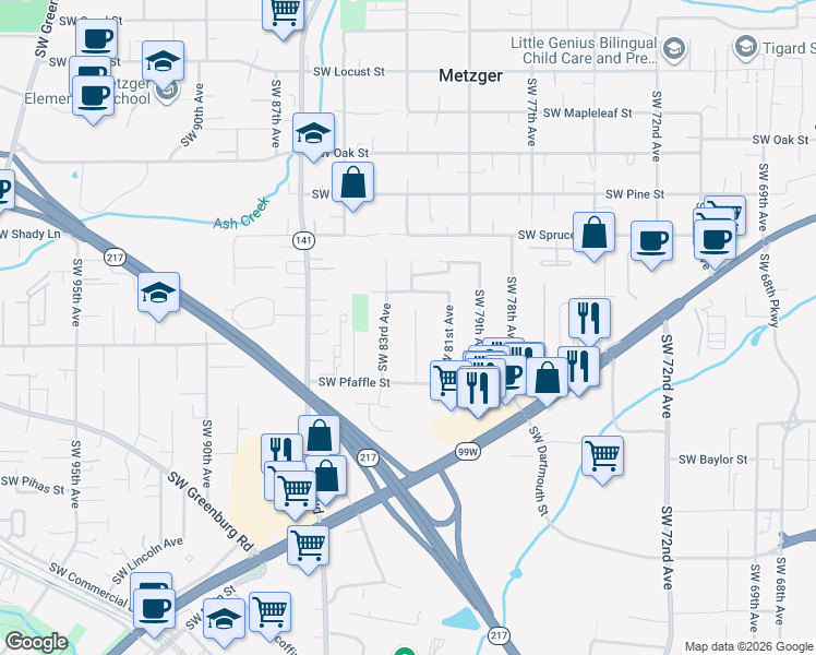 map of restaurants, bars, coffee shops, grocery stores, and more near 11125 Southwest 82nd Avenue in Tigard