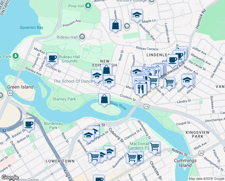 map of restaurants, bars, coffee shops, grocery stores, and more near 278 Crichton Street in Ottawa