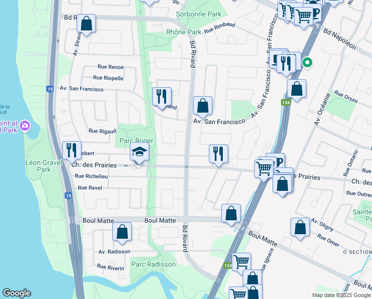 map of restaurants, bars, coffee shops, grocery stores, and more near Boulevard Rivard in Brossard