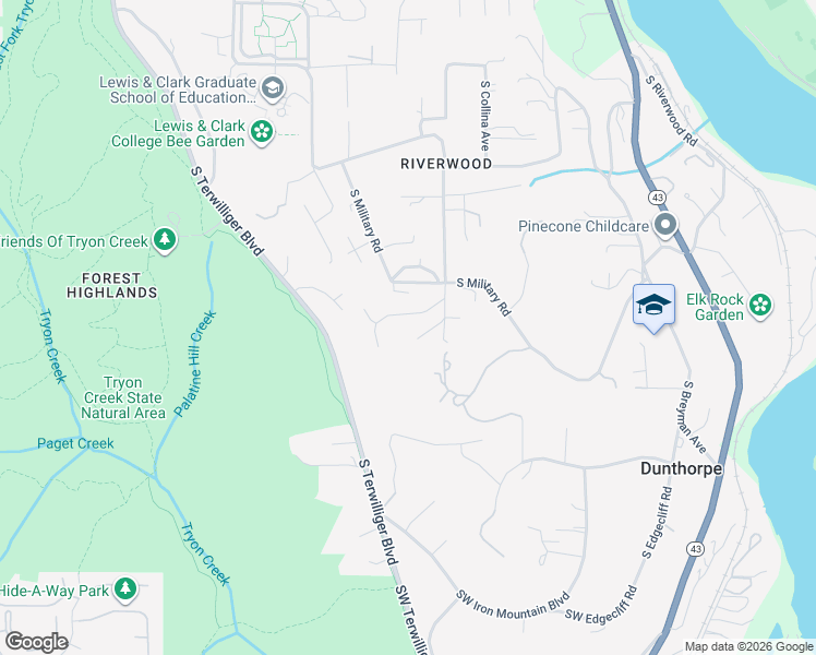 map of restaurants, bars, coffee shops, grocery stores, and more near 1350 South Military Road in Portland