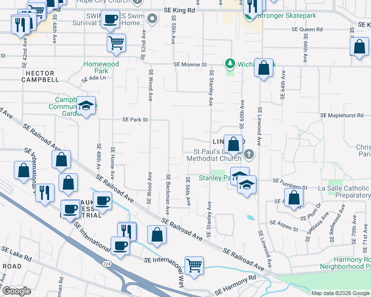 map of restaurants, bars, coffee shops, grocery stores, and more near 5633 Southeast Lloyd Street in Milwaukie