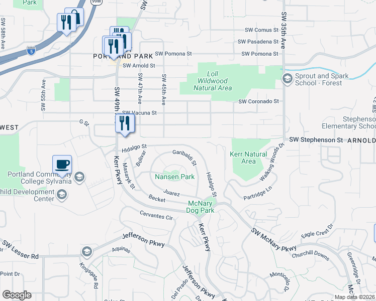 map of restaurants, bars, coffee shops, grocery stores, and more near 89 Garibaldi St in Lake Oswego