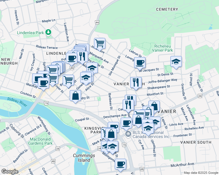 map of restaurants, bars, coffee shops, grocery stores, and more near 118 Vachon Avenue in Ottawa