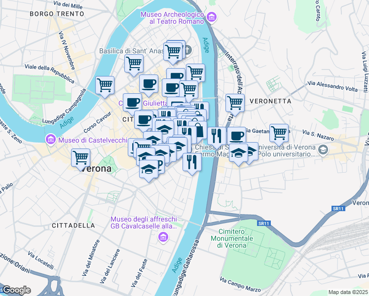 map of restaurants, bars, coffee shops, grocery stores, and more near Via Domenico Frangini in Verona