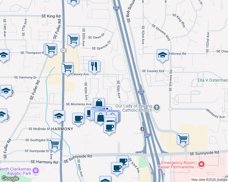 map of restaurants, bars, coffee shops, grocery stores, and more near 8800 Southeast Causey Loop in Happy Valley