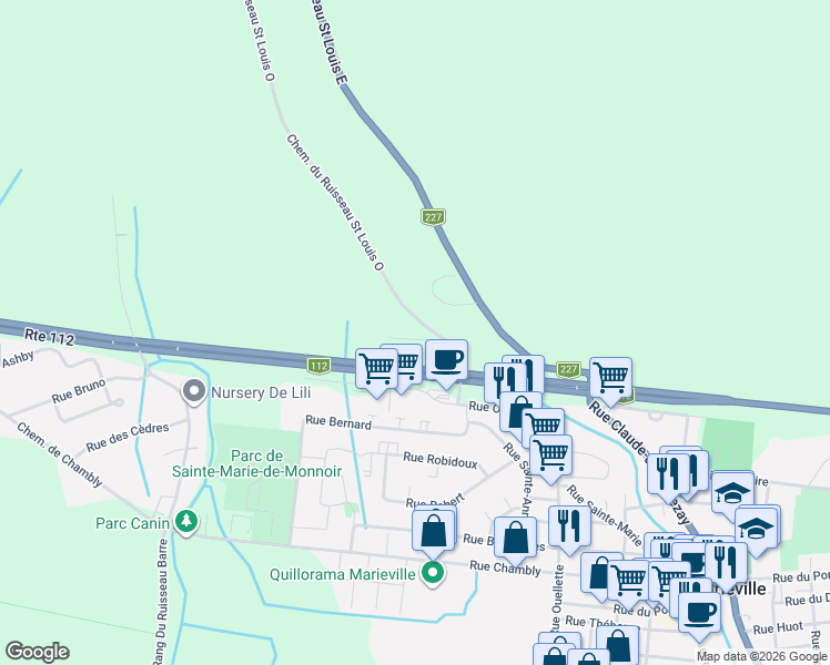 map of restaurants, bars, coffee shops, grocery stores, and more near 118 Chemin du Ruisseau Saint Louis Ouest in Marieville