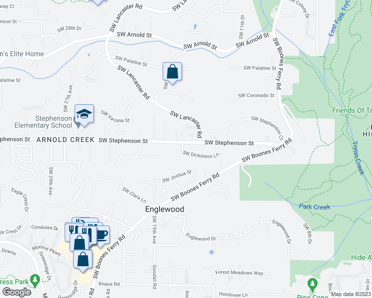 map of restaurants, bars, coffee shops, grocery stores, and more near 11812 Southwest 17th Avenue in Portland