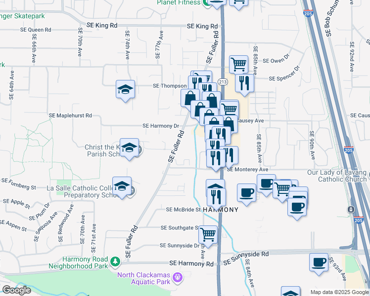 map of restaurants, bars, coffee shops, grocery stores, and more near 11424 Southeast Fuller Road in Milwaukie