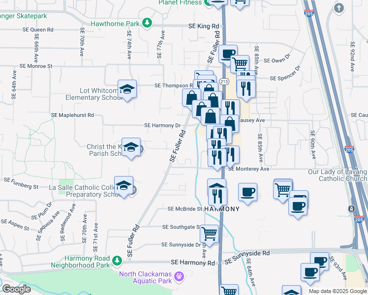 map of restaurants, bars, coffee shops, grocery stores, and more near 11506 Southeast Fuller Road in Portland