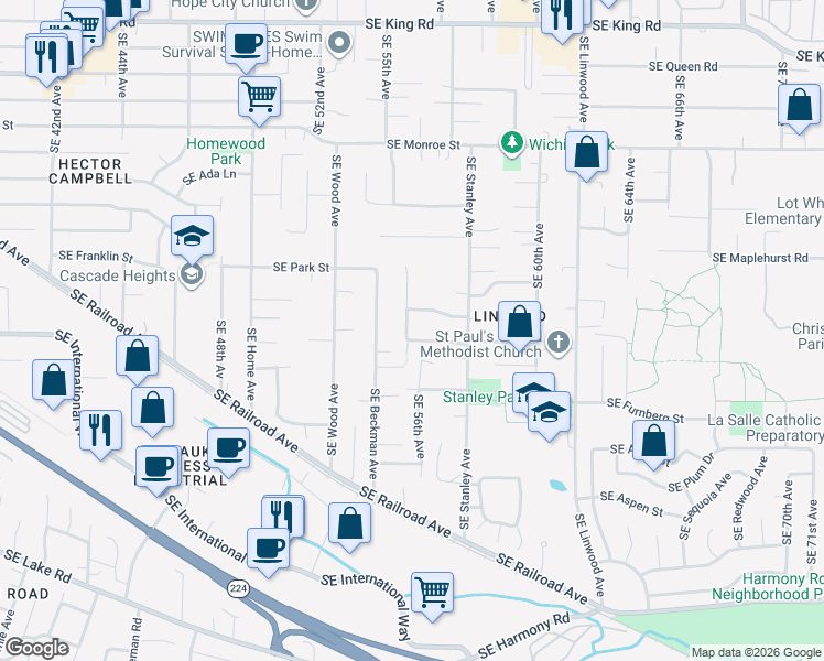 map of restaurants, bars, coffee shops, grocery stores, and more near 5633 Southeast Lloyd Street in Milwaukie