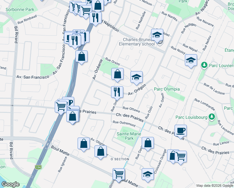 map of restaurants, bars, coffee shops, grocery stores, and more near 3740 Rue Ontario in Brossard