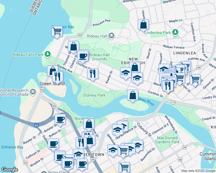 map of restaurants, bars, coffee shops, grocery stores, and more near in Ottawa