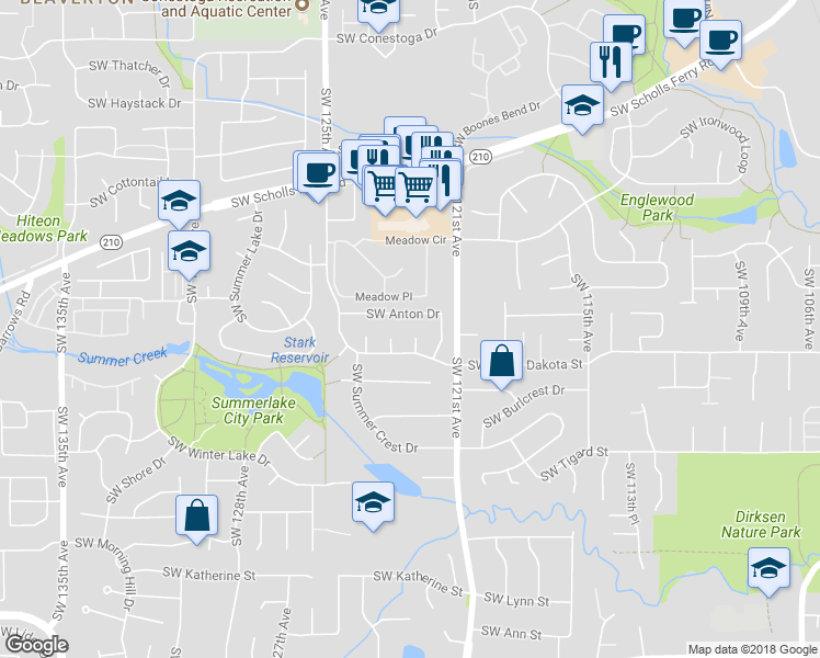map of restaurants, bars, coffee shops, grocery stores, and more near 11105 Southwest 123rd Place in Tigard