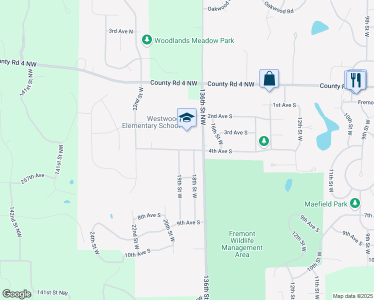 map of restaurants, bars, coffee shops, grocery stores, and more near 13651 4th Avenue South in Zimmerman