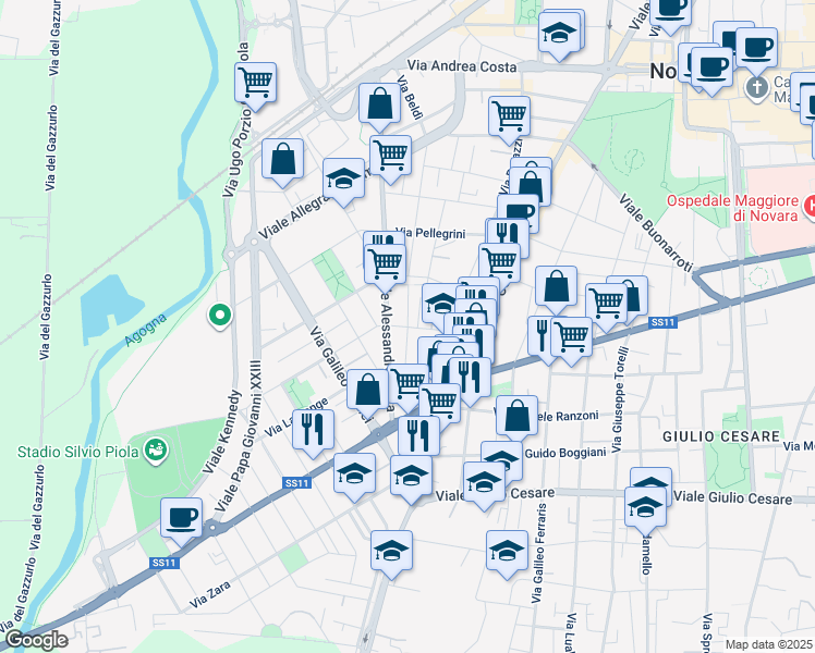 map of restaurants, bars, coffee shops, grocery stores, and more near 30 Viale Alessandro Volta in Novara