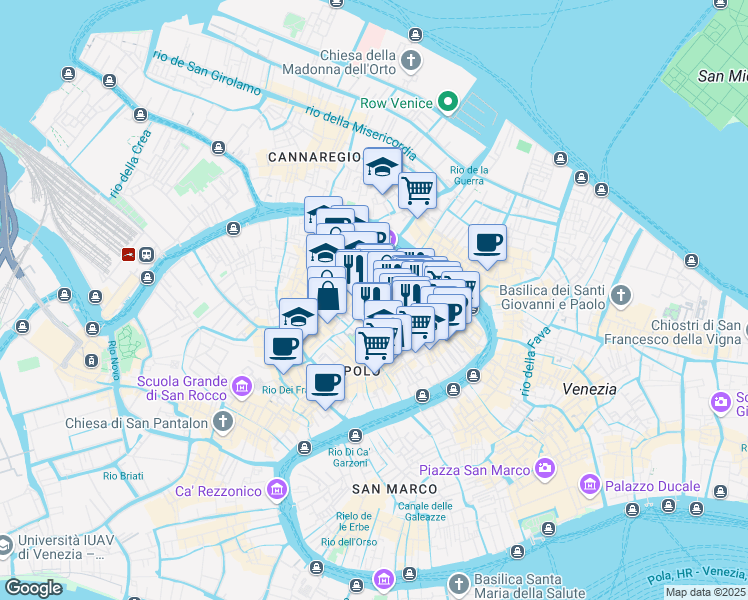 map of restaurants, bars, coffee shops, grocery stores, and more near 1858 San Polo in Venezia