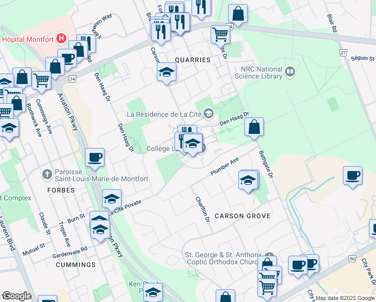 map of restaurants, bars, coffee shops, grocery stores, and more near 801 Aviation Parkway in Ottawa