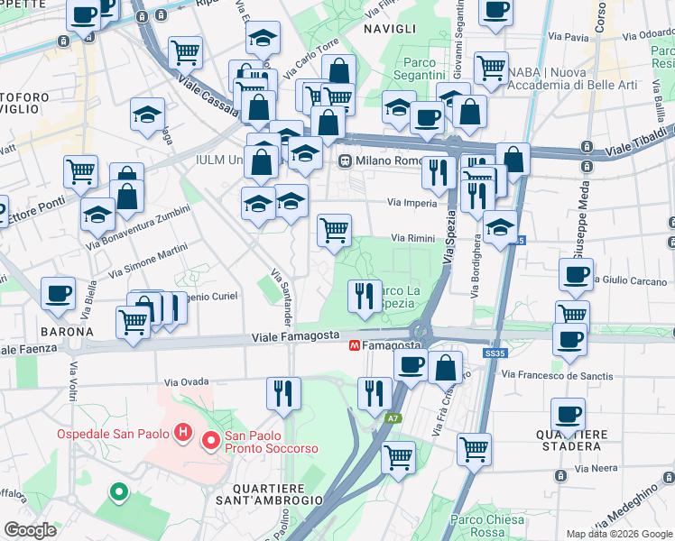 map of restaurants, bars, coffee shops, grocery stores, and more near 29 Via Moncucco in Milano