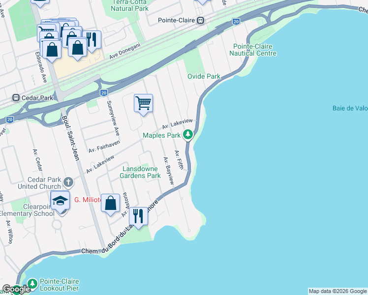 map of restaurants, bars, coffee shops, grocery stores, and more near 127 Chemin du Bord-du-Lac-Lakeshore in Pointe-Claire