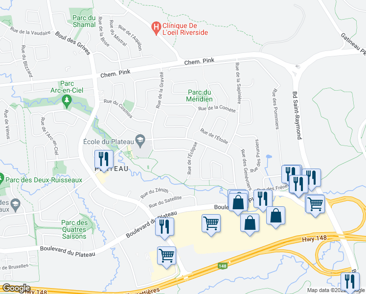 map of restaurants, bars, coffee shops, grocery stores, and more near 8 Rue de la Gravité in Gatineau