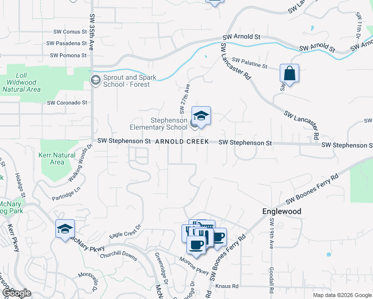 map of restaurants, bars, coffee shops, grocery stores, and more near 11831 Southwest 26th Place in Portland