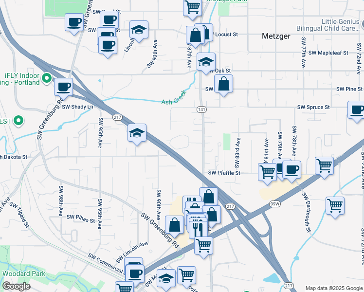 map of restaurants, bars, coffee shops, grocery stores, and more near 11155 Southwest Hall Boulevard in Tigard
