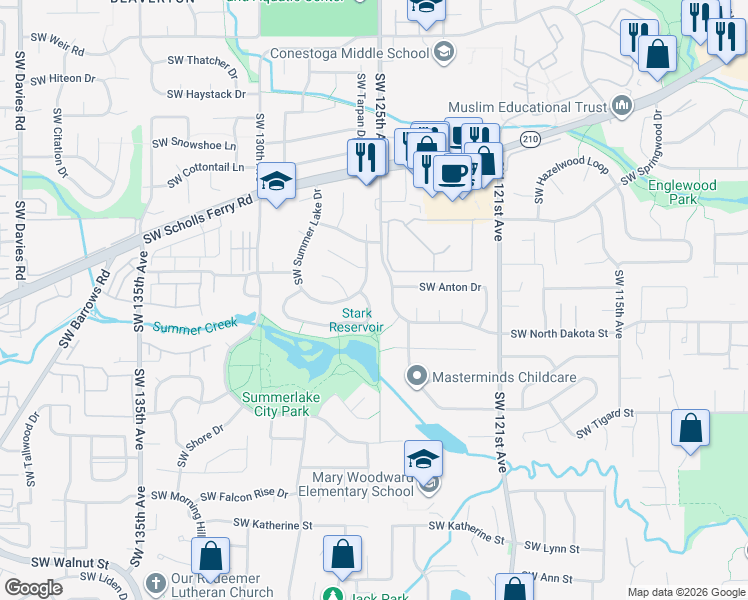 map of restaurants, bars, coffee shops, grocery stores, and more near 12430 Southwest North Dakota Street in Tigard
