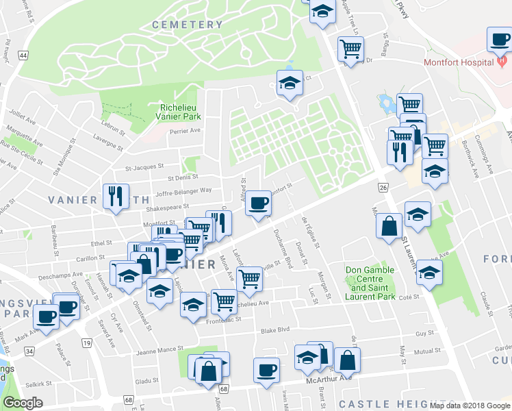 map of restaurants, bars, coffee shops, grocery stores, and more near 397 Cantin Street in Ottawa