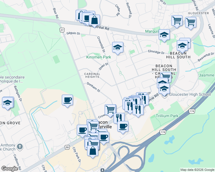 map of restaurants, bars, coffee shops, grocery stores, and more near 38 Appleford Street in Ottawa
