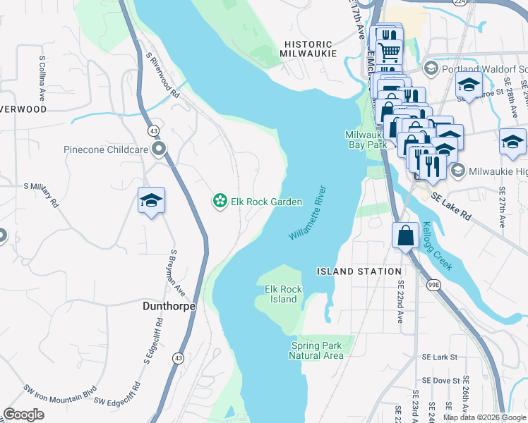 map of restaurants, bars, coffee shops, grocery stores, and more near 11875 South Riverwood Road in Portland