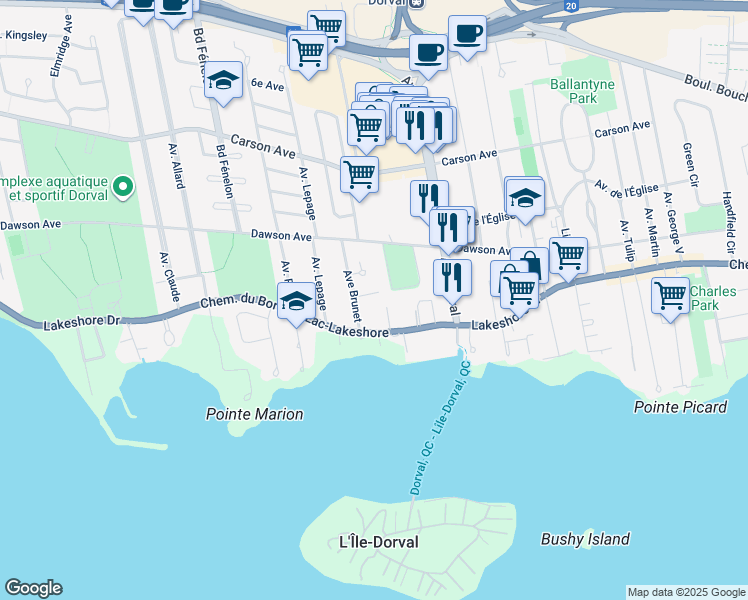 map of restaurants, bars, coffee shops, grocery stores, and more near 910 Place Sims in Dorval