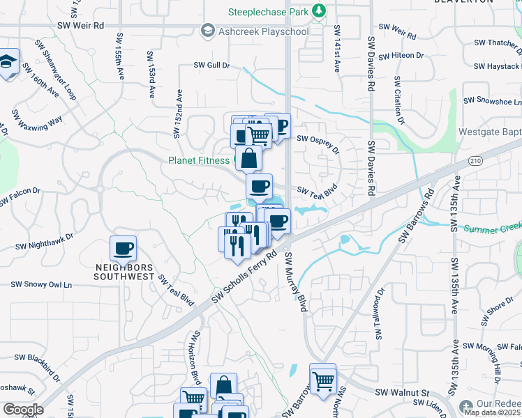 map of restaurants, bars, coffee shops, grocery stores, and more near 14500 Southwest Murray Scholls Drive in Beaverton