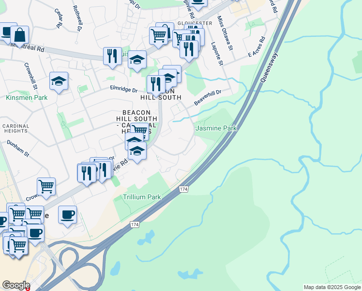 map of restaurants, bars, coffee shops, grocery stores, and more near 1993 Jasmine Crescent in Ottawa