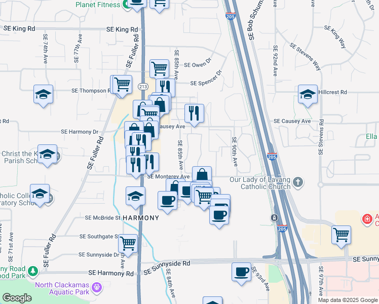 map of restaurants, bars, coffee shops, grocery stores, and more near 11475 Southeast 85th Avenue in Happy Valley