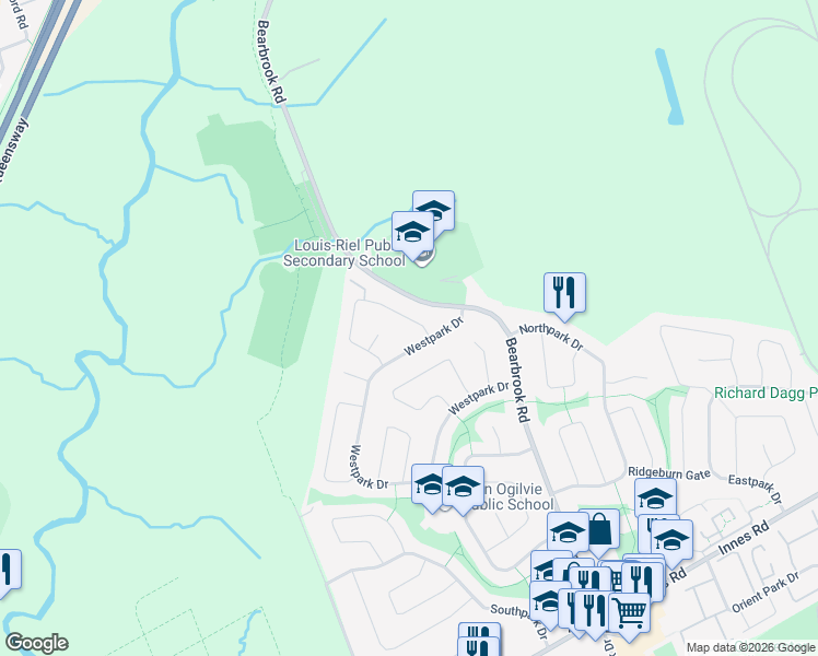 map of restaurants, bars, coffee shops, grocery stores, and more near 65 Valewood Crescent in Ottawa
